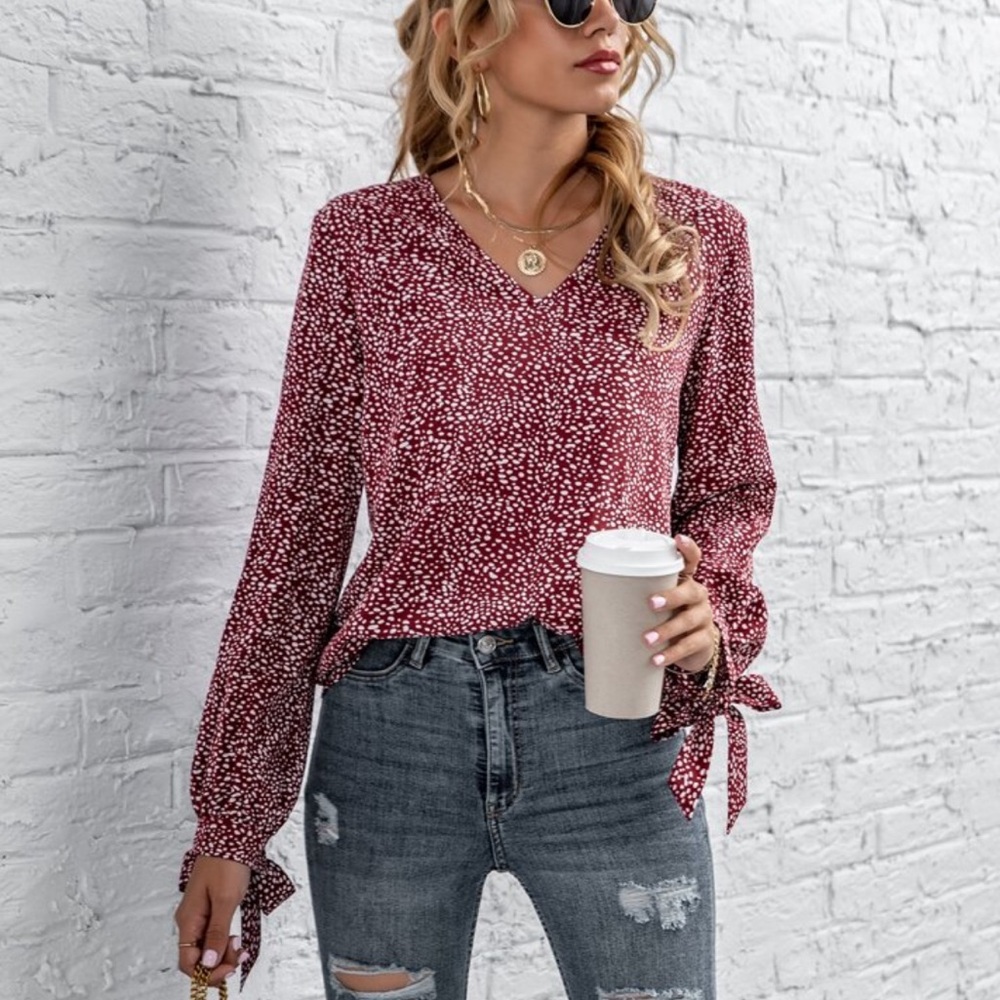 Shein Women's V-Neck Blouse - Red and White